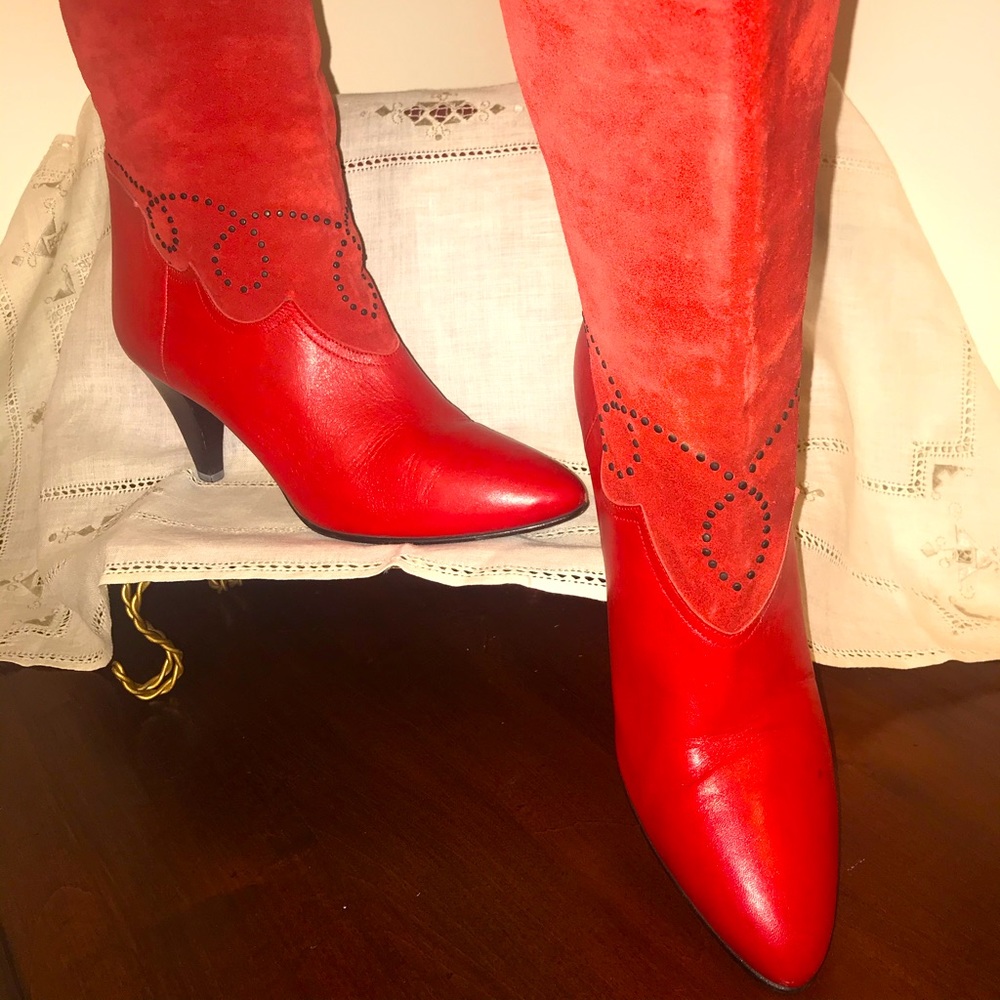Red Leather/Suede Eclisse Classic Boots Italian-made 9 1/2